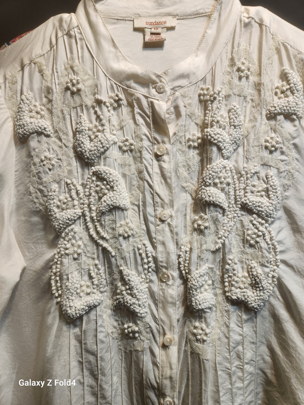 Sundance Ivory Beaded Pintuck Button-Down Blouse Sz12 - Picture 4 of 15